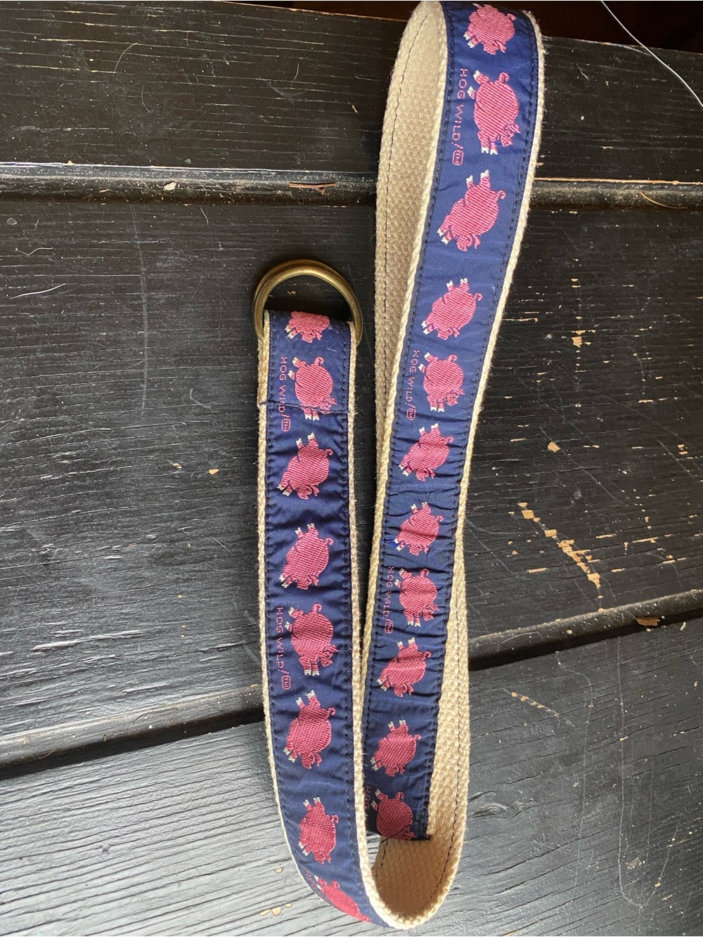 Navy Blue Ribbon Belt with Pink Turtle Motif and D-Ring Closure